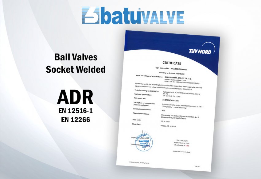 ADR Certificate for Ball Valves Socket Welded